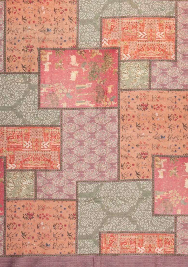Dusty Pink Printed Chanderi Cotton Saree With Floral Motifs For Women - Indya