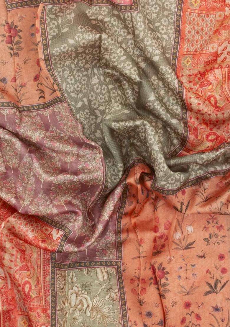 Dusty Pink Printed Chanderi Cotton Saree With Floral Motifs For Women - Indya