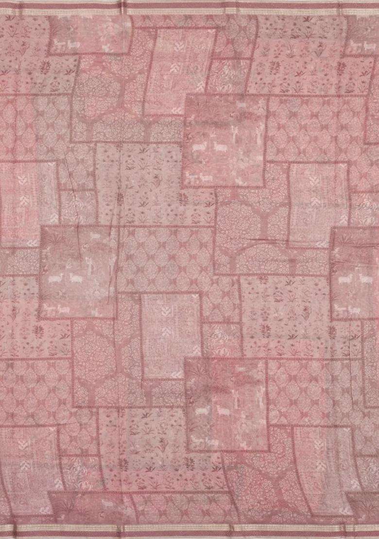 Dusty Pink Printed Chanderi Cotton Saree With Floral Motifs For Women - Indya