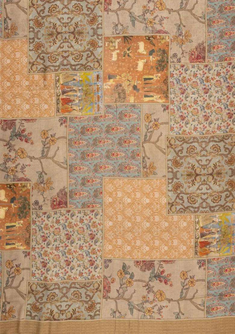 Beige Printed Chanderi Cotton Saree With Floral Motifs For Women - Indya