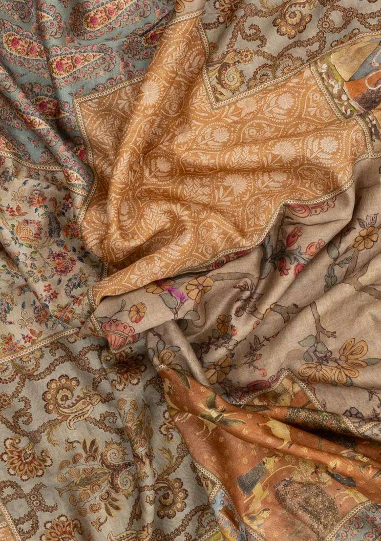 Beige Printed Chanderi Cotton Saree With Floral Motifs For Women - Indya