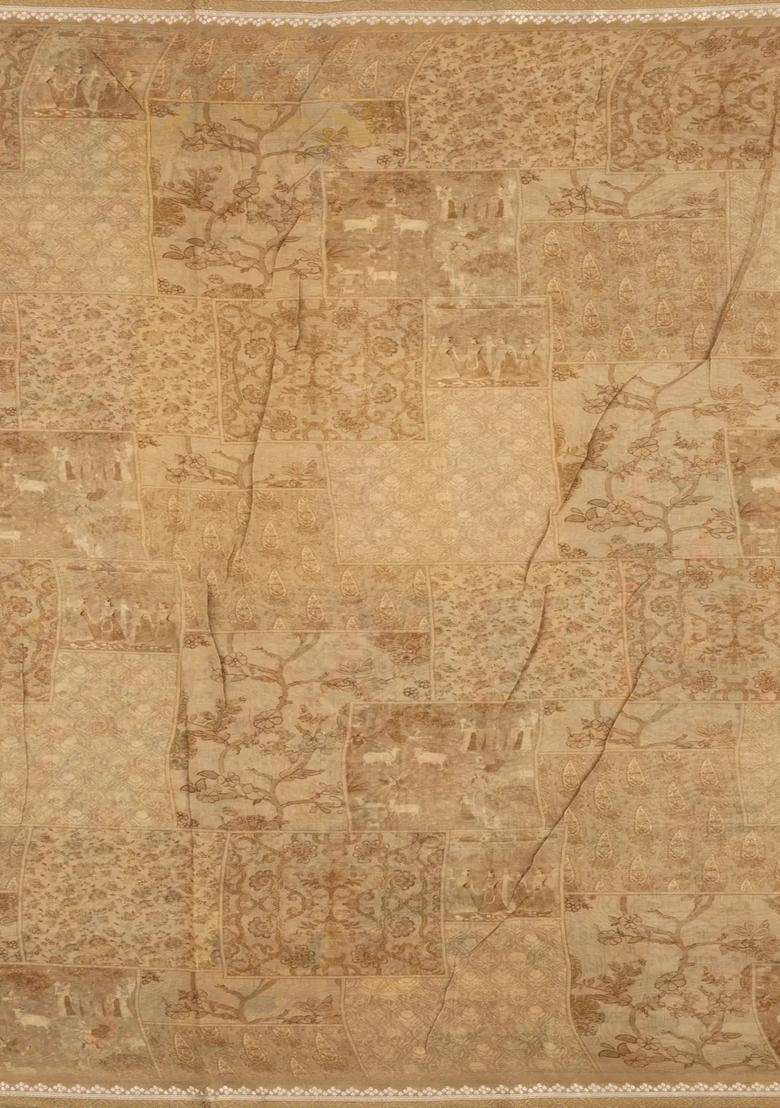 Beige Printed Chanderi Cotton Saree With Floral Motifs For Women - Indya