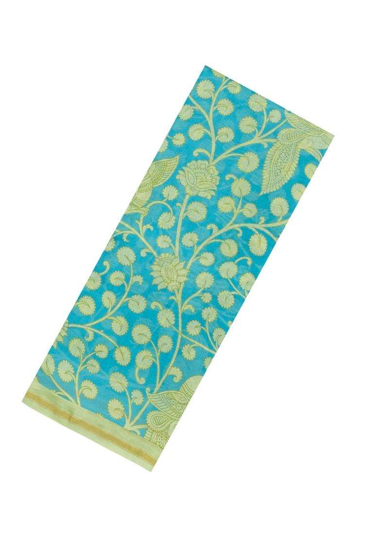 Turquoise Printed Chanderi Cotton Saree With Floral Motifs For Women - Indya