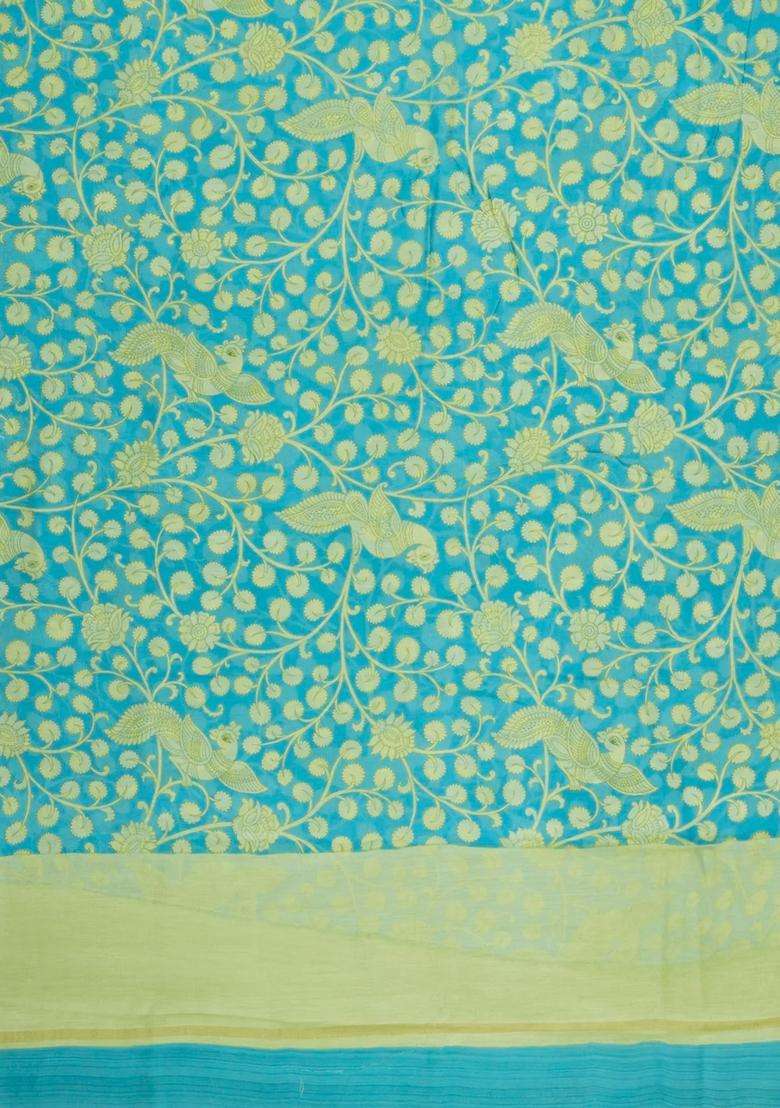 Turquoise Printed Chanderi Cotton Saree With Floral Motifs For Women - Indya