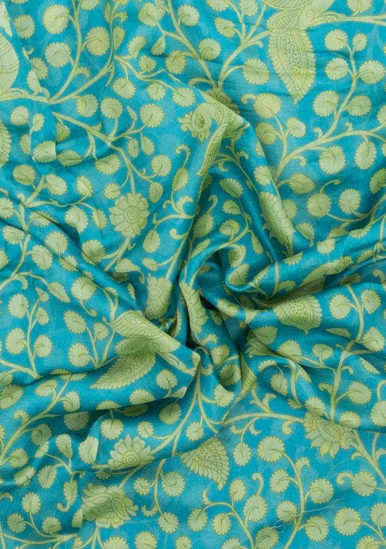 Turquoise Printed Chanderi Cotton Saree With Floral Motifs For Women - Indya