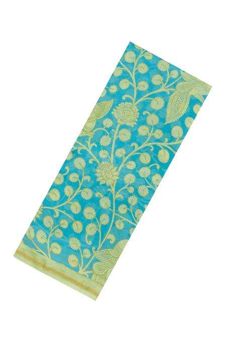 Turquoise Printed Chanderi Cotton Saree With Floral Motifs For Women