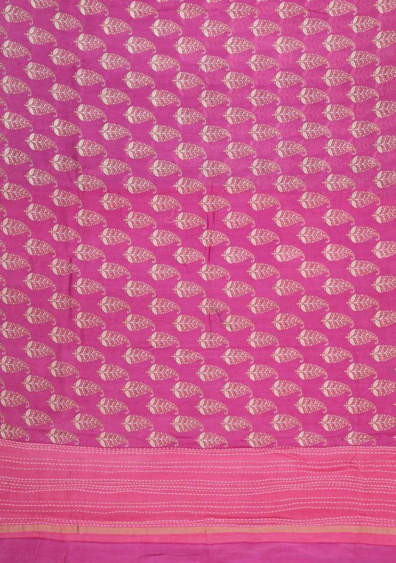 Pink Printed Chanderi Cotton Saree With Floral Motifs For Women - Indya