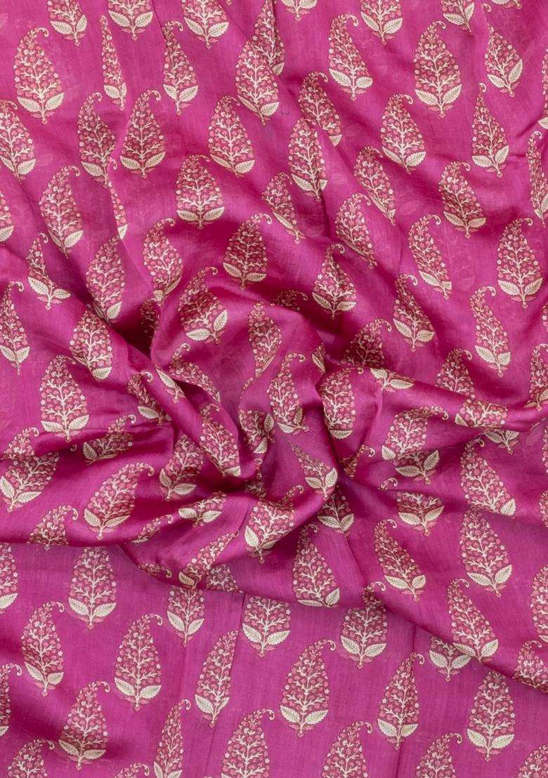 Pink Printed Chanderi Cotton Saree With Floral Motifs For Women - Indya