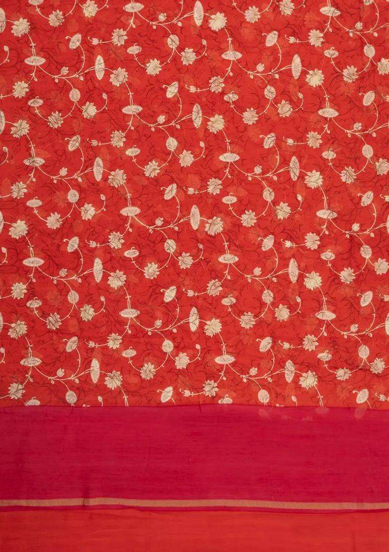 Red Printed Chanderi Cotton Saree With Floral Motifs For Women - Indya