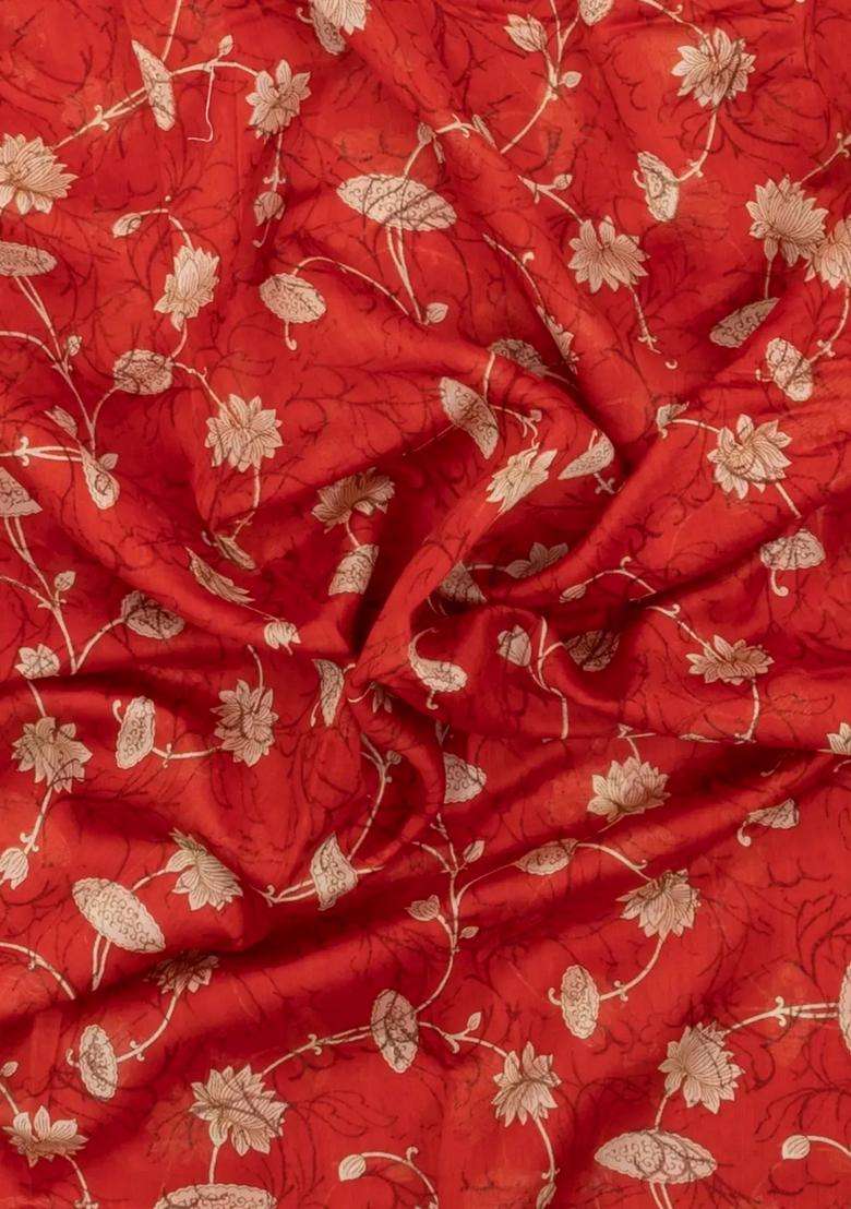 Red Printed Chanderi Cotton Saree With Floral Motifs For Women - Indya