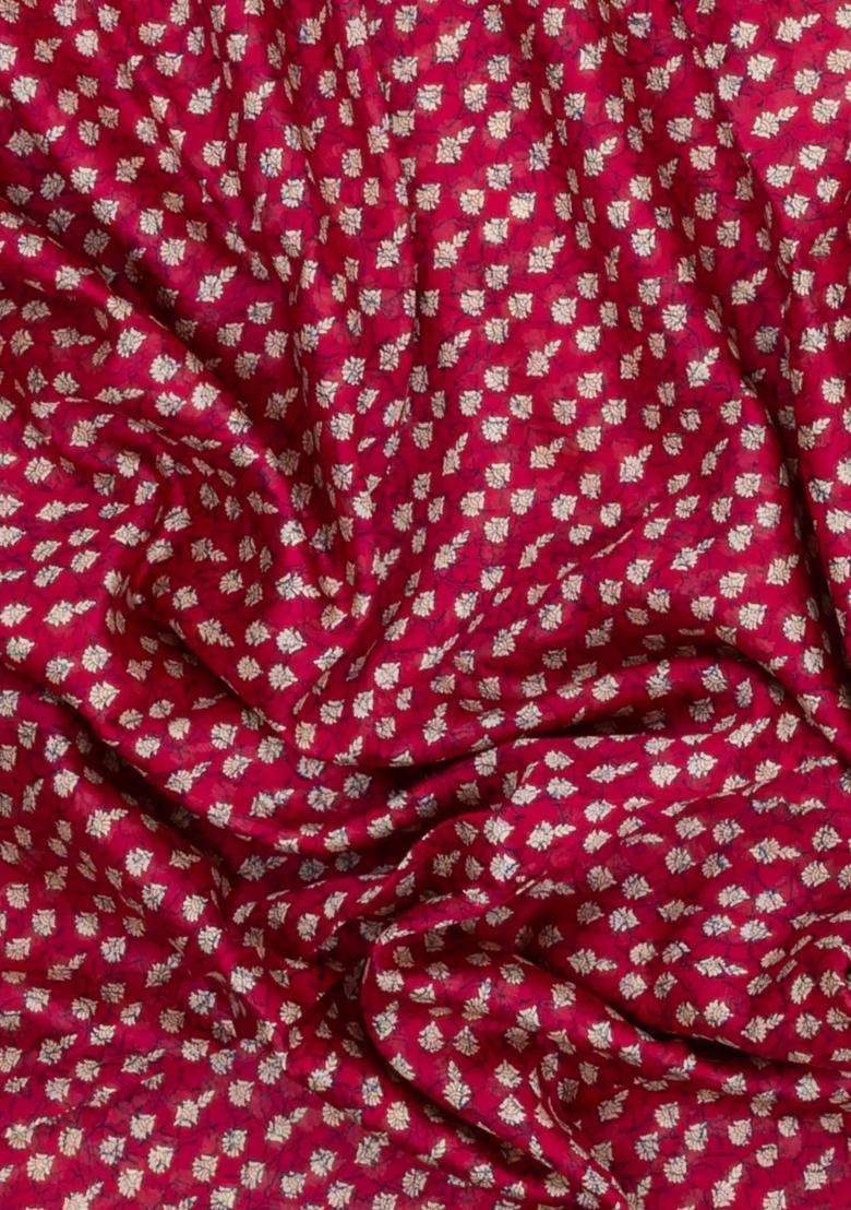Crimson Printed Chanderi Cotton Saree With Floral Motifs For Women - Indya
