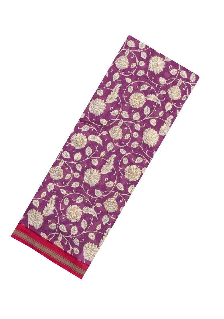 Lilac Printed Chanderi Cotton Saree With Floral Motifs For Women - Indya