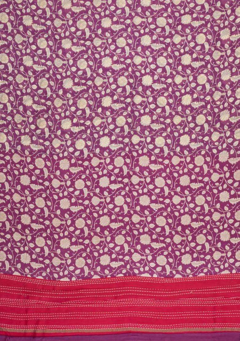 Lilac Printed Chanderi Cotton Saree With Floral Motifs For Women - Indya