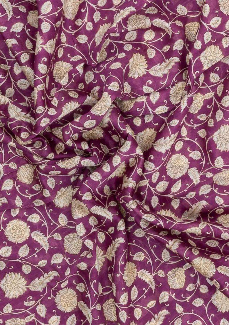 Lilac Printed Chanderi Cotton Saree With Floral Motifs For Women - Indya