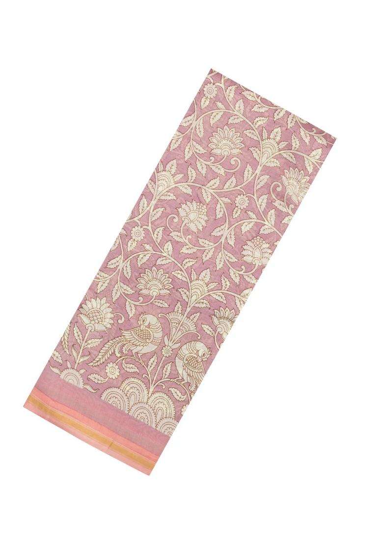 Dusty Pink Printed Chanderi Cotton Saree With Floral Motifs For Women - Indya