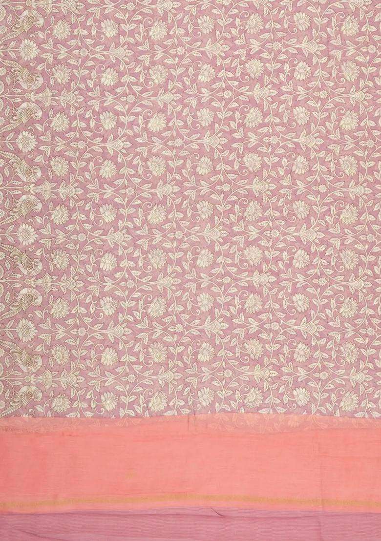 Dusty Pink Printed Chanderi Cotton Saree With Floral Motifs For Women - Indya