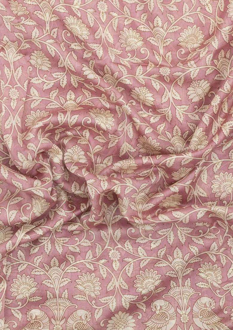 Dusty Pink Printed Chanderi Cotton Saree With Floral Motifs For Women - Indya