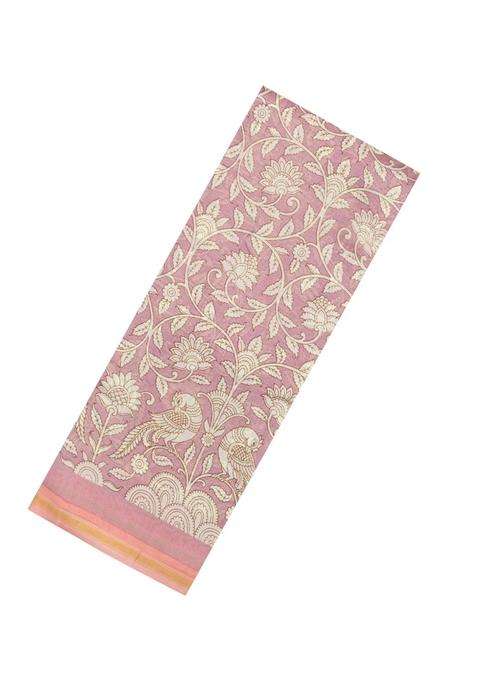 Dusty Pink Printed Chanderi Cotton Saree With Floral Motifs For Women