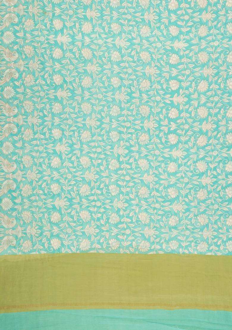 Aquamarine Printed Chanderi Cotton Saree With Peacock Motifs For Women - Indya