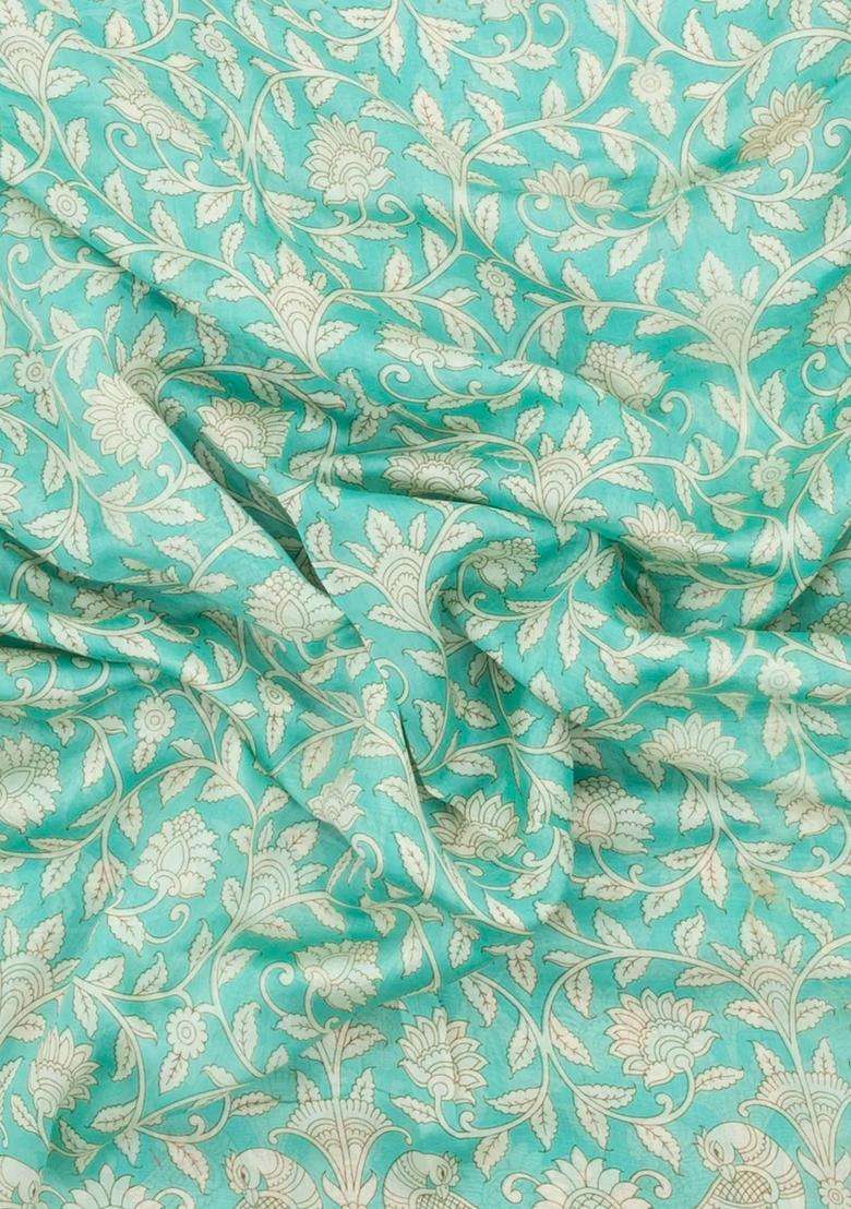 Aquamarine Printed Chanderi Cotton Saree With Peacock Motifs For Women - Indya