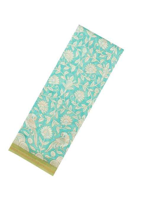 Aquamarine Printed Chanderi Cotton Saree With Peacock Motifs For Women