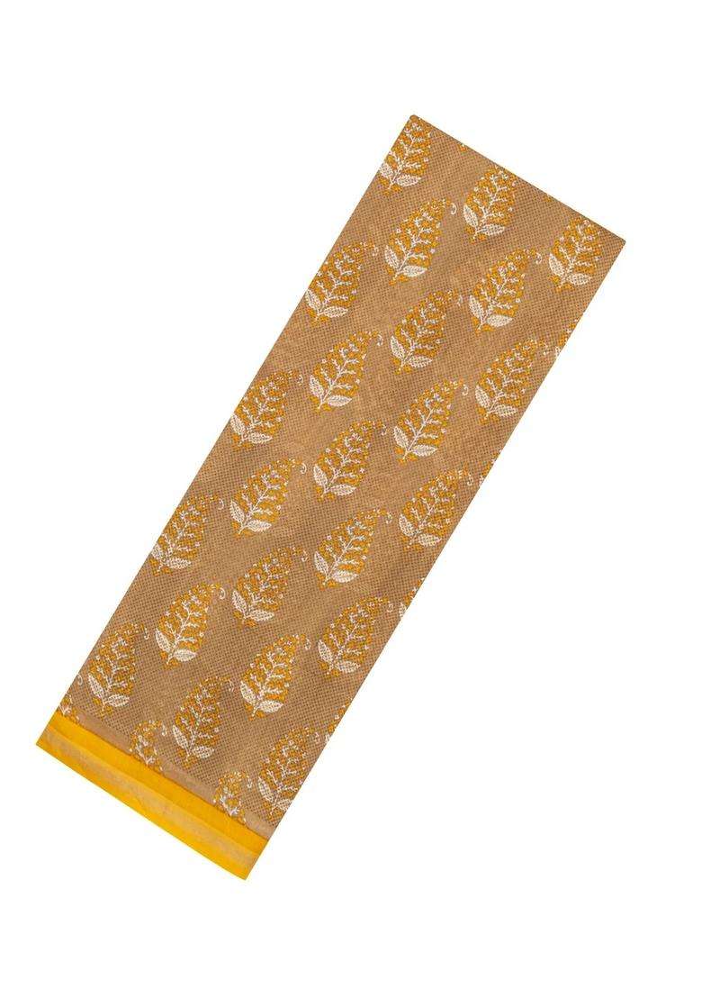 Beige Printed Chanderi Cotton Saree With Floral Motifs For Women - Indya