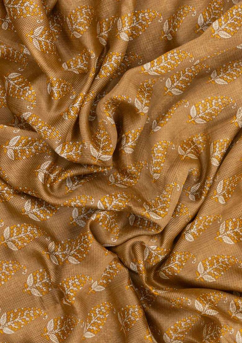 Beige Printed Chanderi Cotton Saree With Floral Motifs For Women - Indya