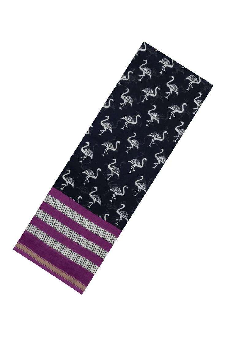 Black Printed Chanderi Cotton Saree With Floral Motifs For Women - Indya