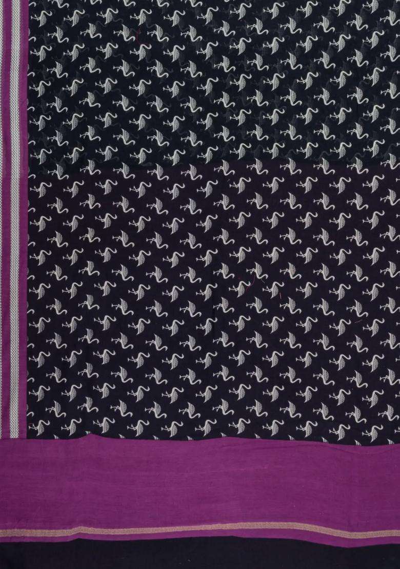 Black Printed Chanderi Cotton Saree With Floral Motifs For Women - Indya