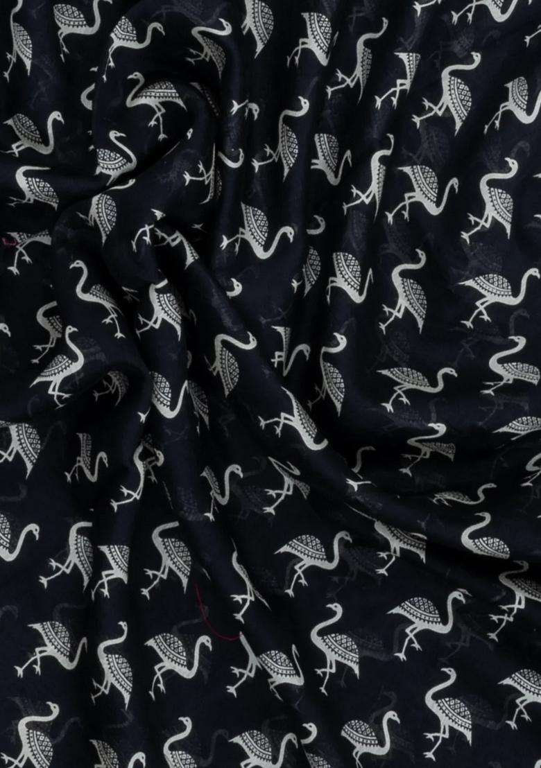 Black Printed Chanderi Cotton Saree With Floral Motifs For Women - Indya