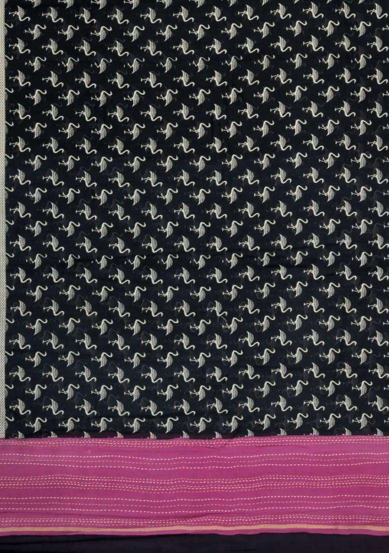 Black Printed Chanderi Cotton Saree With Floral Motifs For Women - Indya