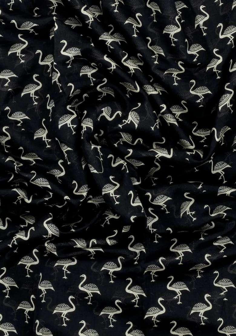 Black Printed Chanderi Cotton Saree With Floral Motifs For Women - Indya