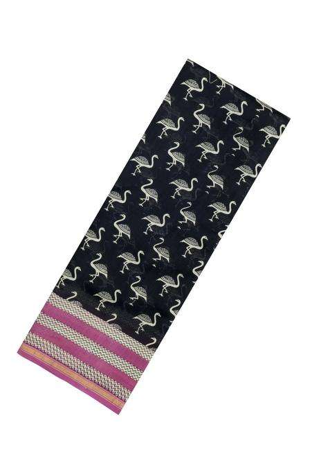 Black Printed Chanderi Cotton Saree With Floral Motifs For Women