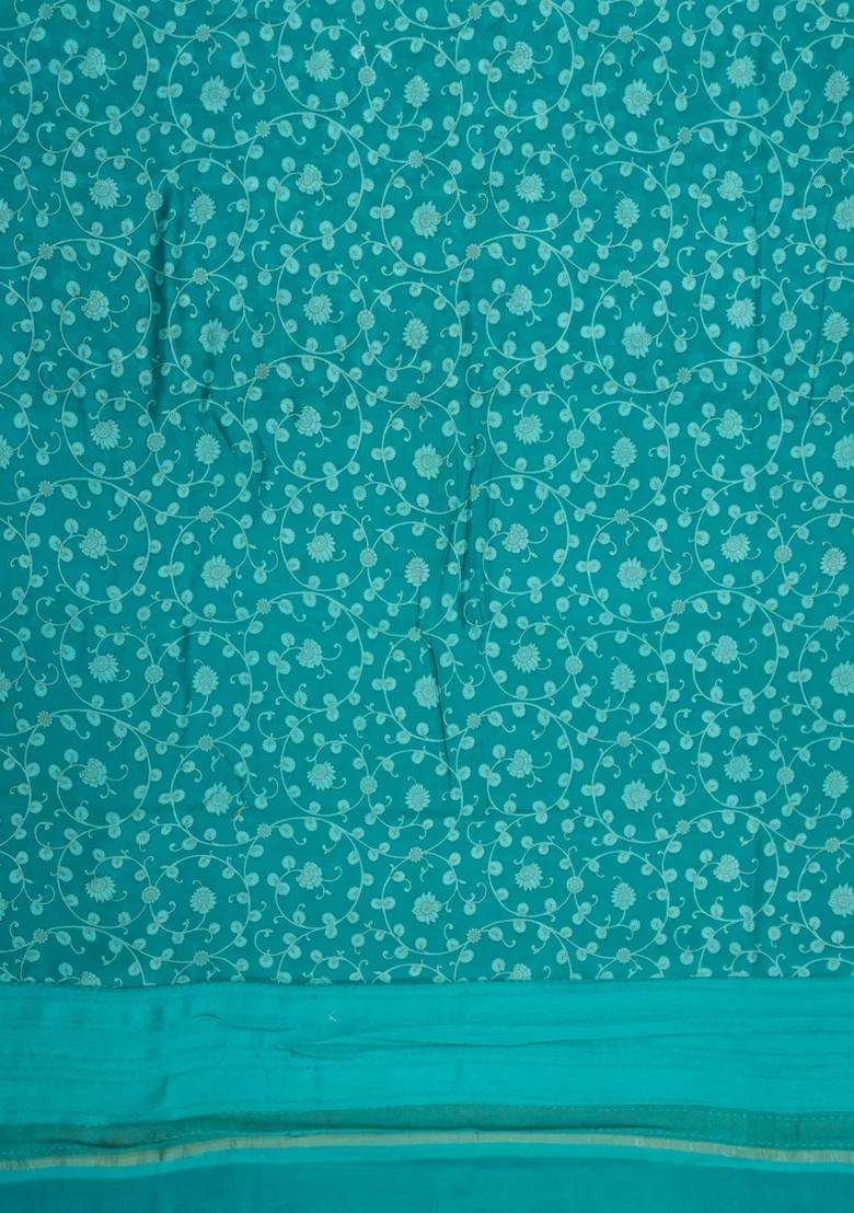 Cyan Printed Chanderi Cotton Saree With Floral Motifs For Women - Indya