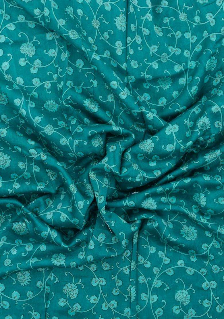 Cyan Printed Chanderi Cotton Saree With Floral Motifs For Women - Indya