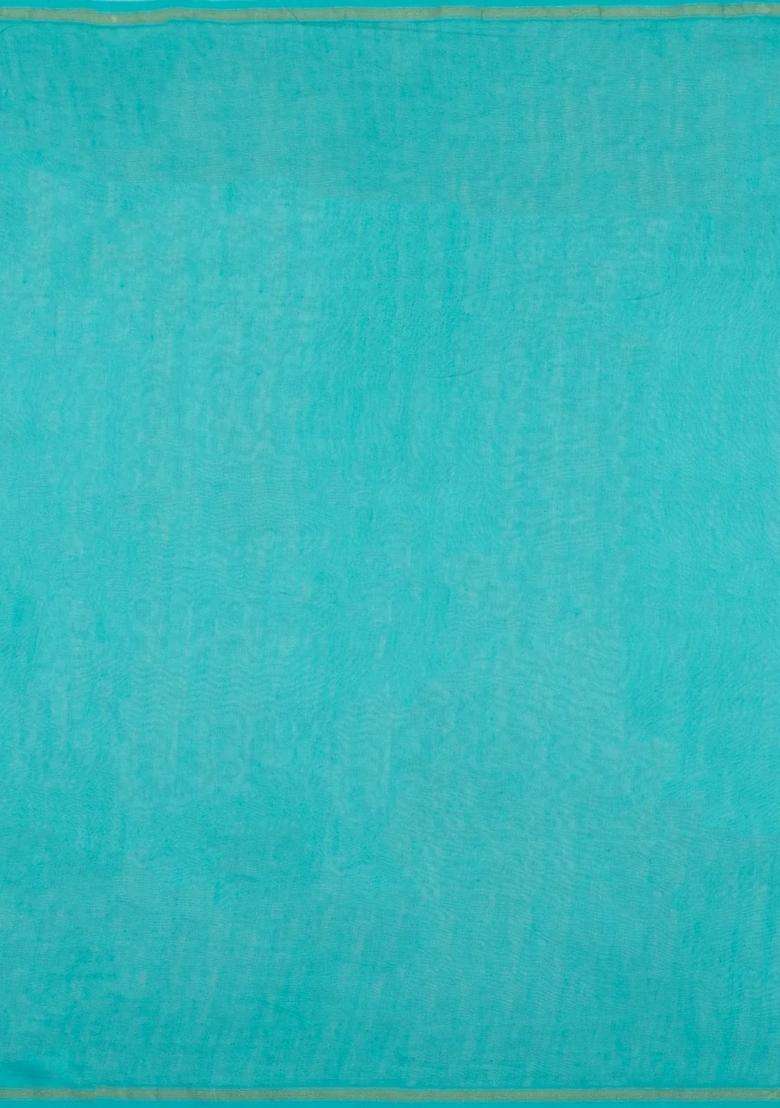 Cyan Printed Chanderi Cotton Saree With Floral Motifs For Women - Indya