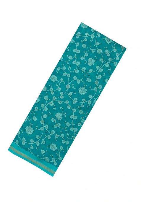 Cyan Printed Chanderi Cotton Saree With Floral Motifs For Women