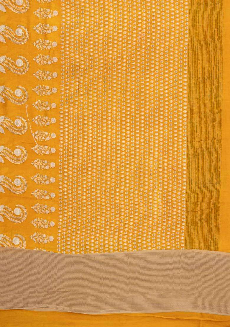 Mustard Printed Chanderi Cotton Saree With Floral Motifs For Women - Indya