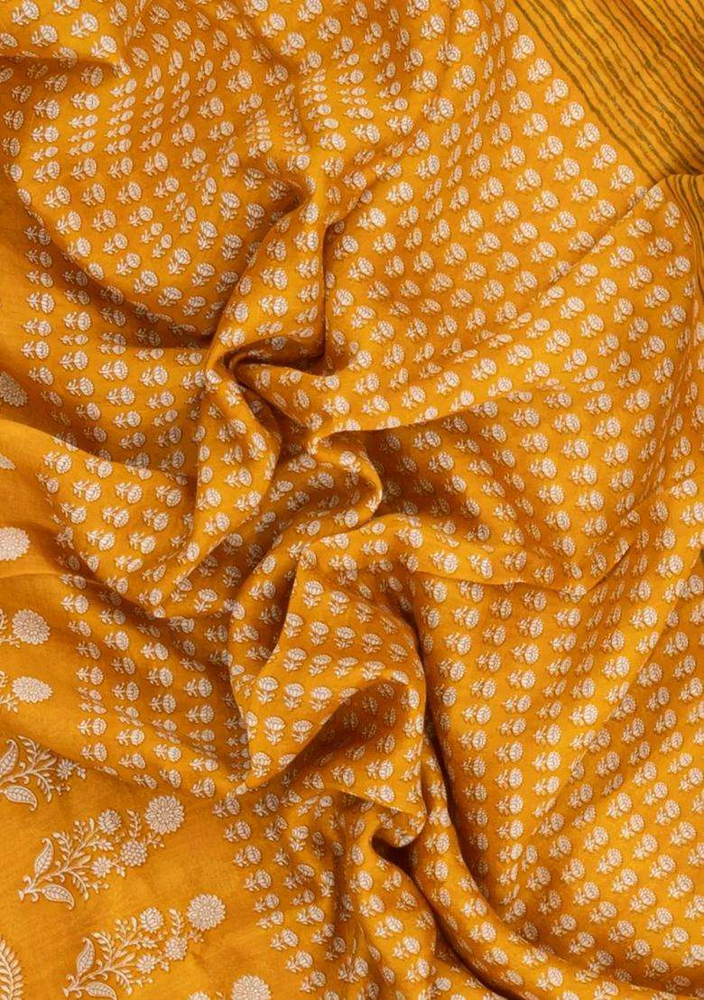 Mustard Printed Chanderi Cotton Saree With Floral Motifs For Women - Indya