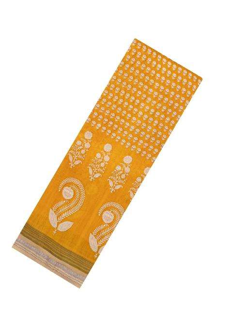Mustard Printed Chanderi Cotton Saree With Floral Motifs For Women