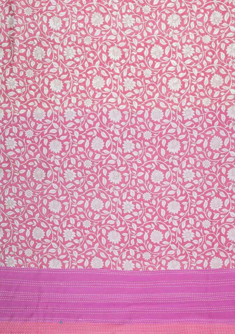 Pink Printed Chanderi Cotton Saree With Floral Motifs For Women - Indya