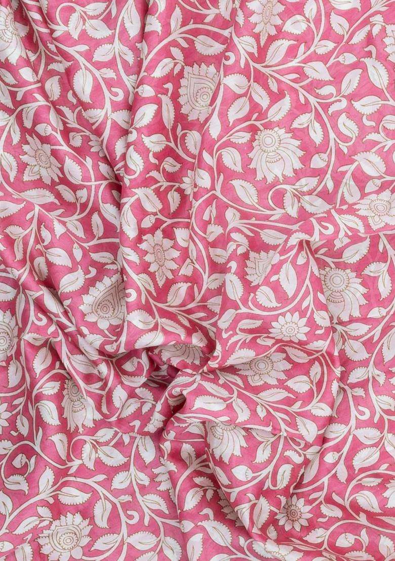 Pink Printed Chanderi Cotton Saree With Floral Motifs For Women - Indya