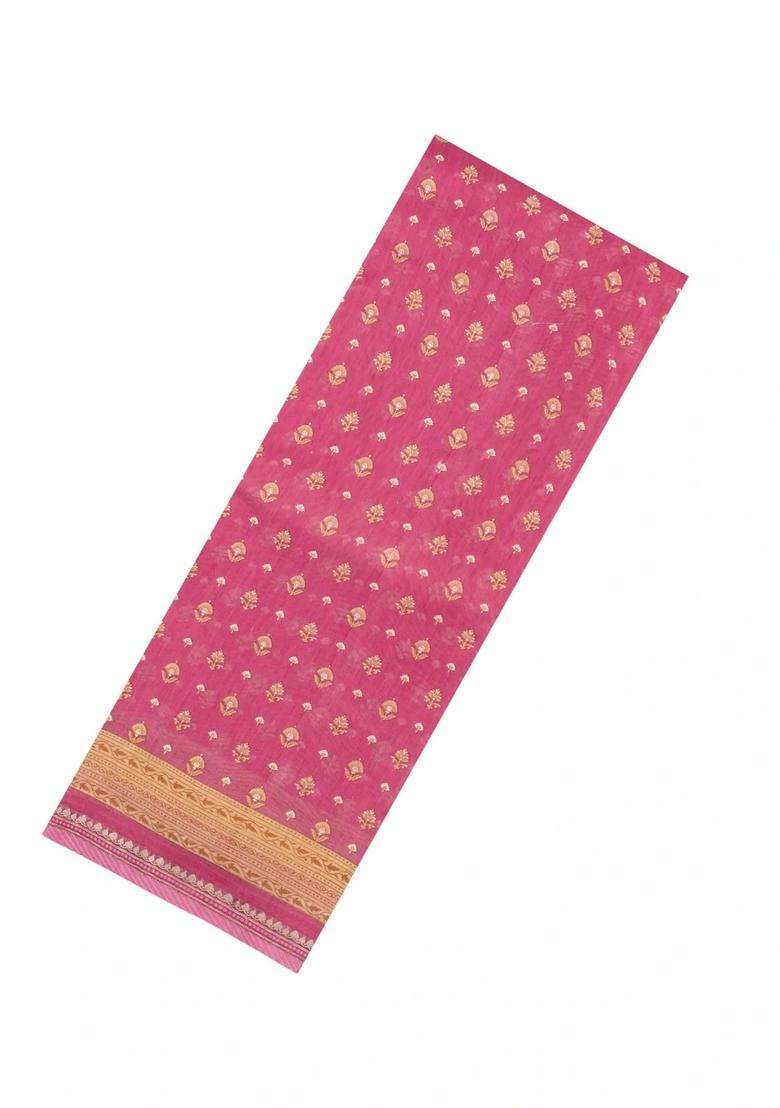 Pink Printed Chanderi Cotton Saree With Floral Motifs For Women - Indya