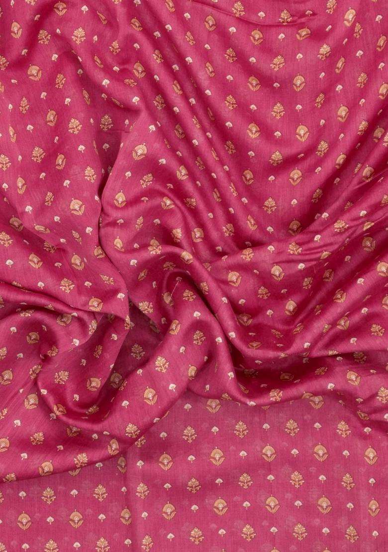 Pink Printed Chanderi Cotton Saree With Floral Motifs For Women - Indya