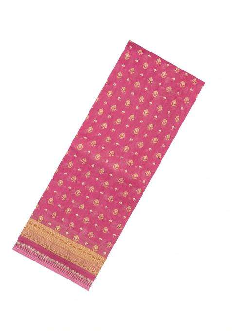 Pink Printed Chanderi Cotton Saree With Floral Motifs For Women