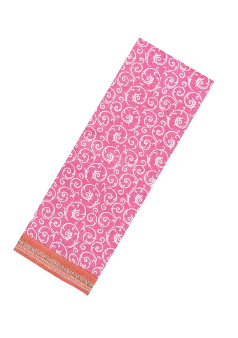 Bubblegum Pink Printed Chanderi Cotton Saree With Floral Motifs For Women - Indya