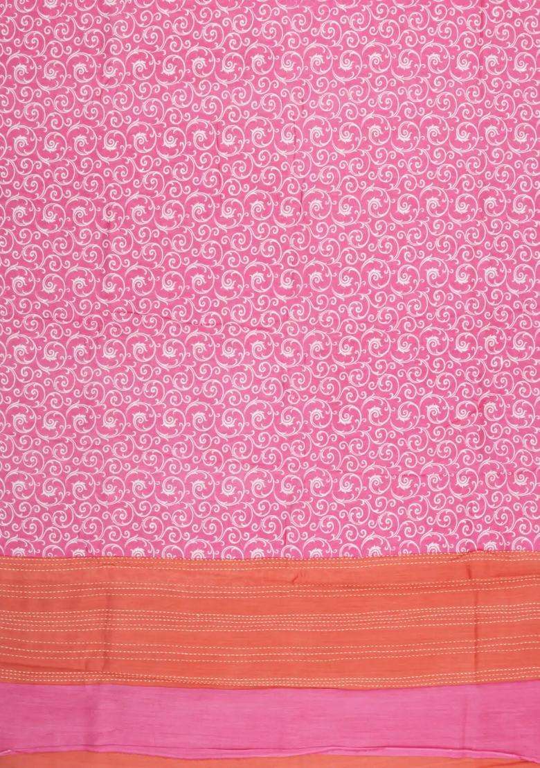 Bubblegum Pink Printed Chanderi Cotton Saree With Floral Motifs For Women - Indya