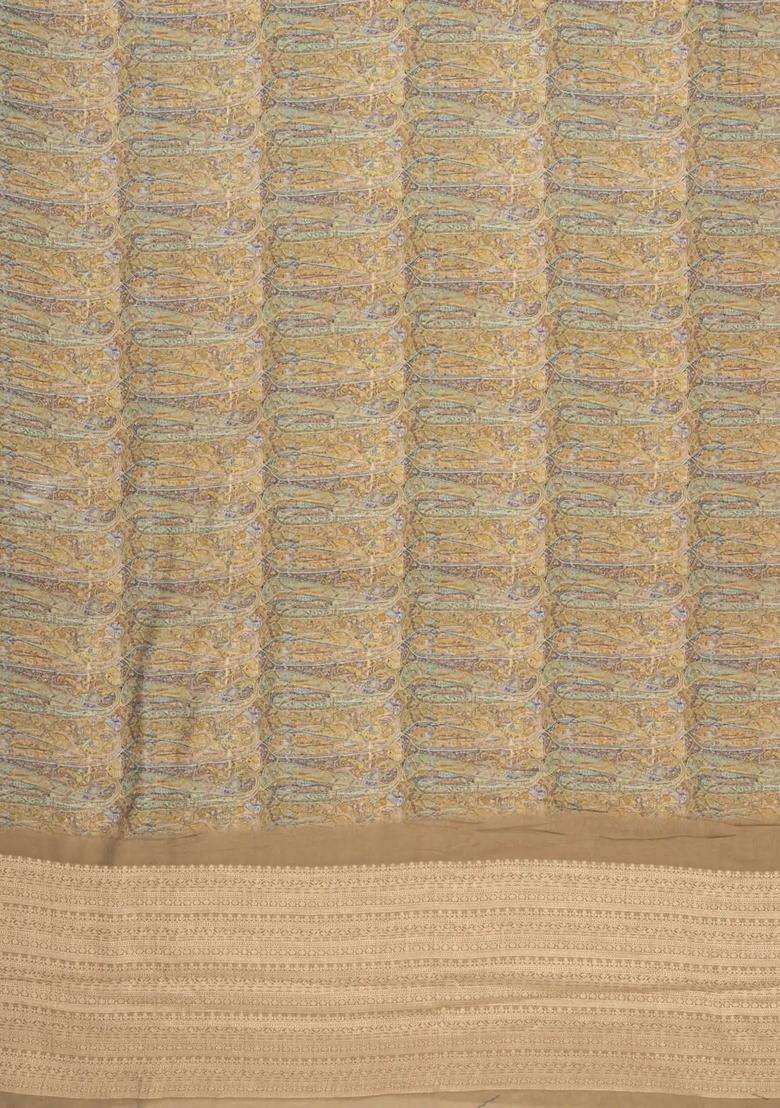 Beige Printed Chanderi Cotton Saree With Floral Motifs For Women - Indya