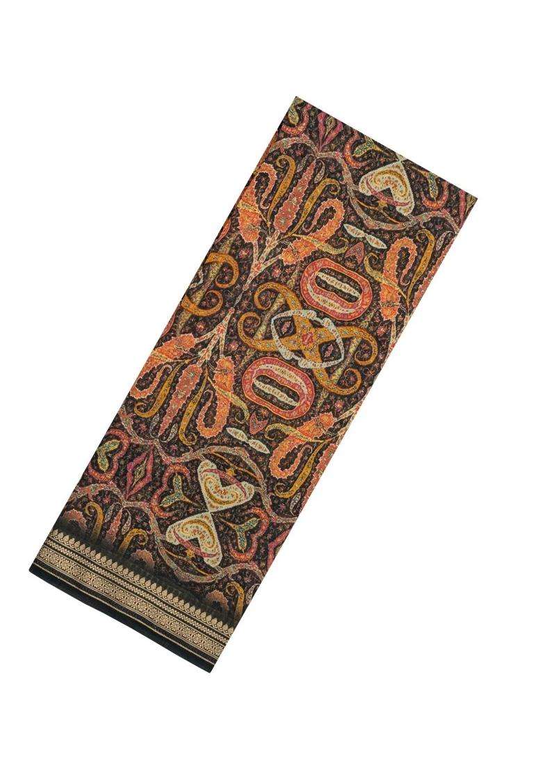 Black Printed Chanderi Cotton Saree With Floral Motifs For Women - Indya