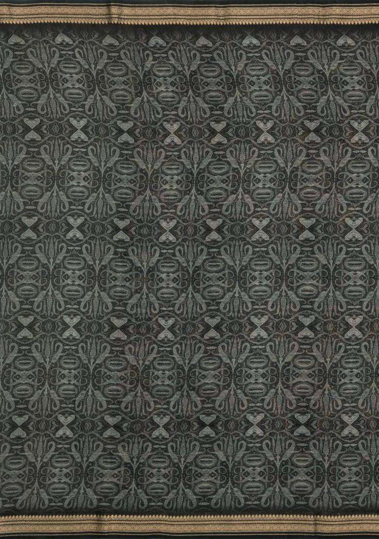 Black Printed Chanderi Cotton Saree With Floral Motifs For Women - Indya